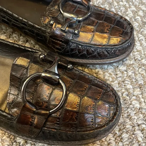 Stuart Weitzman Croc Embossed Leather Loafers Buckle Bit