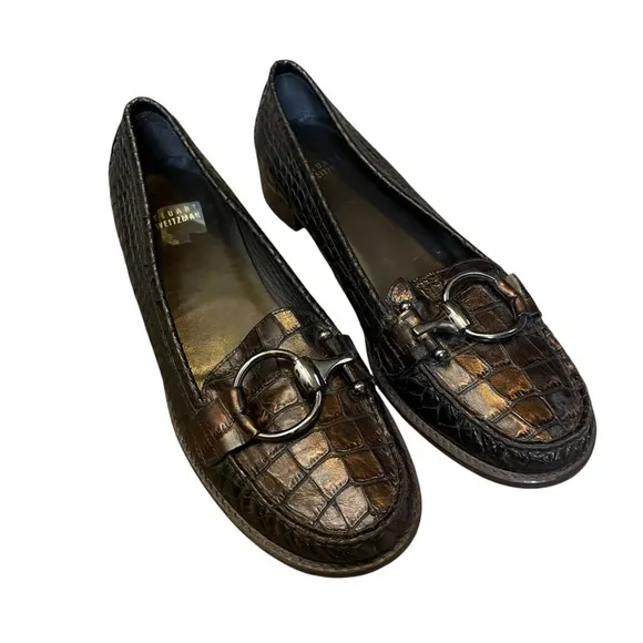 Stuart Weitzman Croc Embossed Leather Loafers Buckle Bit