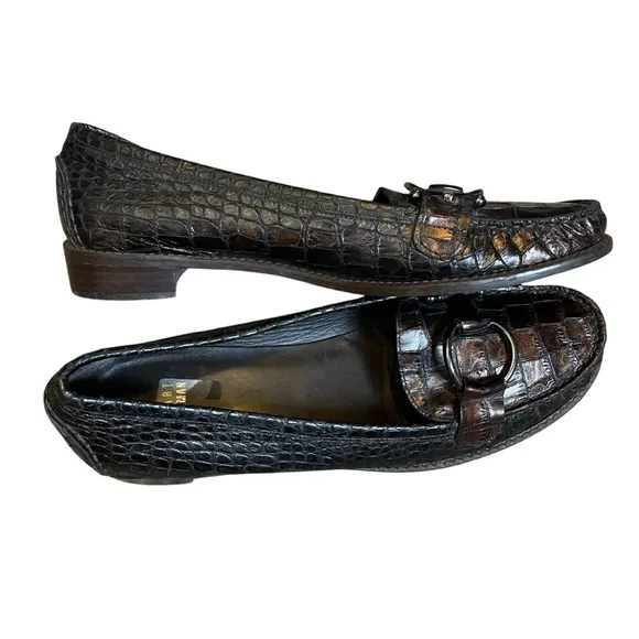 Stuart Weitzman Croc Embossed Leather Loafers Buckle Bit