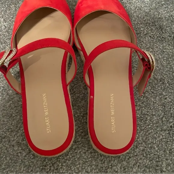 STUART WEITZMAN Crystal Buckle Suede Espadrilles Mule