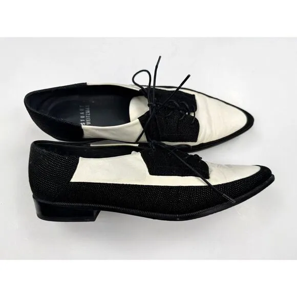 Stuart Weitzman Derbies Flats Women 7.5M Pointed Toe Lace-up Black‎ White