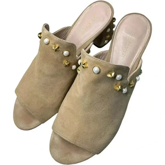 STUART WEITZMAN | Dohickey Star Embellished Suede Mule Slide Sandal Tan Gold 9.5