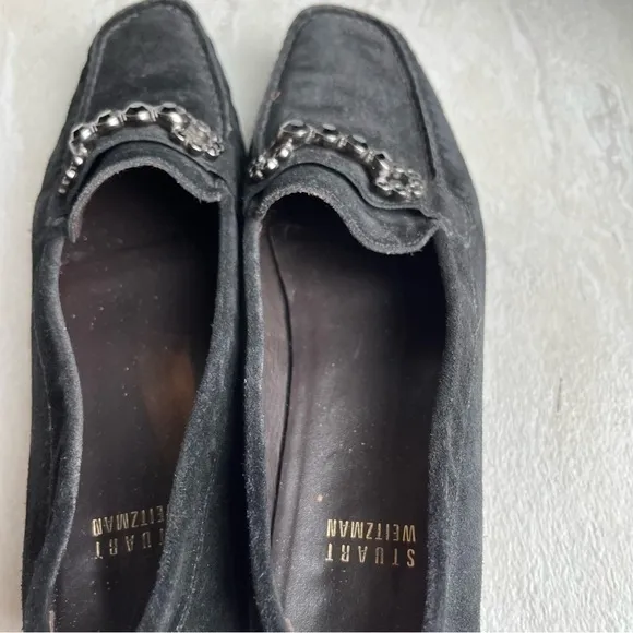 Stuart Weitzman Driving Loafers Black Suede Leather Size 7.5 Crystal Embellished
