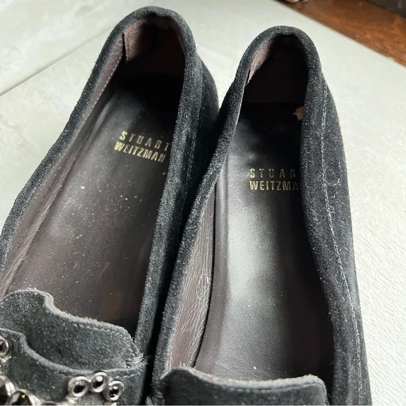 Stuart Weitzman Driving Loafers Black Suede Leather Size 7.5 Crystal Embellished