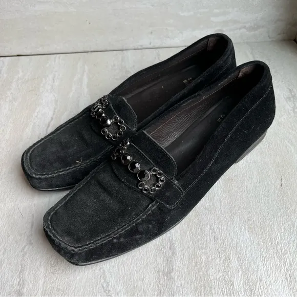 Stuart Weitzman Driving Loafers Black Suede Leather Size 7.5 Crystal Embellished