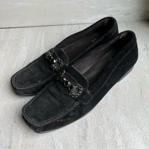 Stuart Weitzman Driving Loafers Black Suede Leather Size 7.5 Crystal Embellished