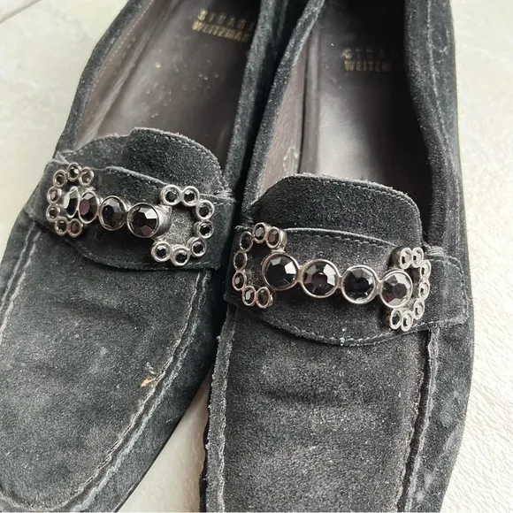 Stuart Weitzman Driving Loafers Black Suede Leather Size 7.5 Crystal Embellished