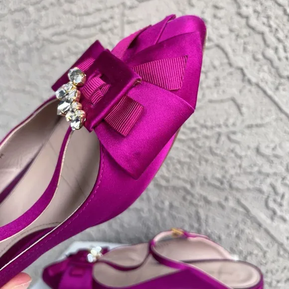 STUART WEITZMAN Fuchsia Satin Embellished T Strap Duckie Mule Flats 7.5
