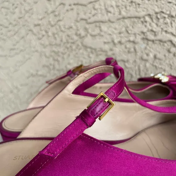 STUART WEITZMAN Fuchsia Satin Embellished T Strap Duckie Mule Flats 7.5