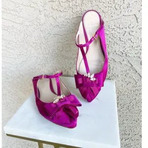 STUART WEITZMAN Fuchsia Satin Embellished T Strap Duckie Mule Flats 7.5