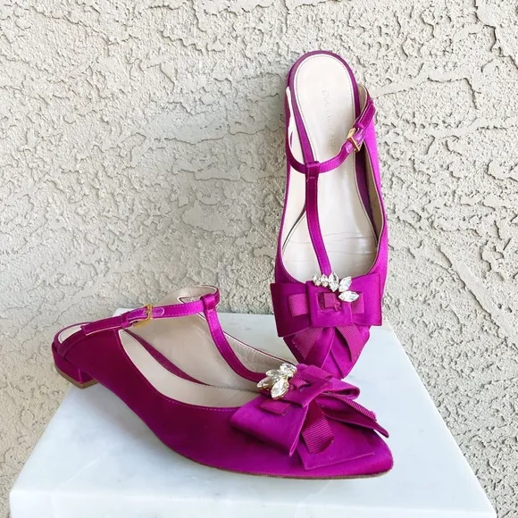 STUART WEITZMAN Fuchsia Satin Embellished T Strap Duckie Mule Flats 7.5