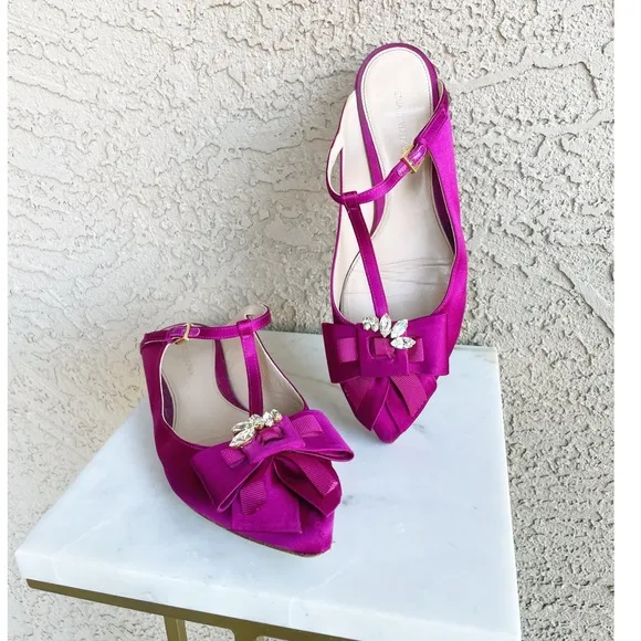 STUART WEITZMAN Fuchsia Satin Embellished T Strap Duckie Mule Flats 7.5