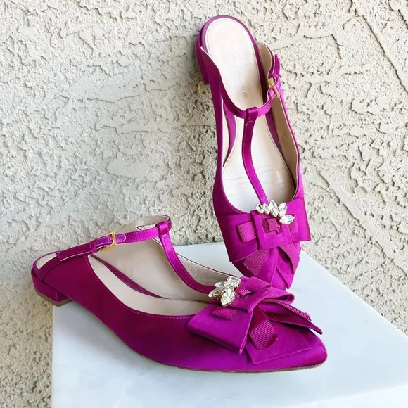 STUART WEITZMAN Fuchsia Satin Embellished T Strap Duckie Mule Flats 7.5