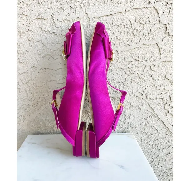 STUART WEITZMAN Fuchsia Satin Embellished T Strap Duckie Mule Flats 7.5