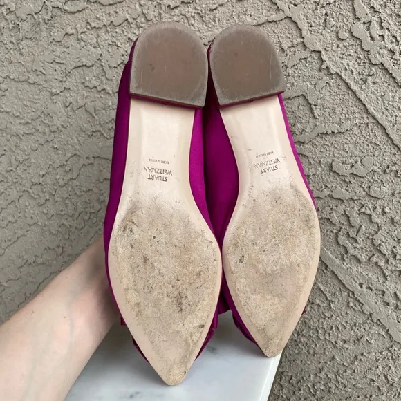 STUART WEITZMAN Fuchsia Satin Embellished T Strap Duckie Mule Flats 7.5