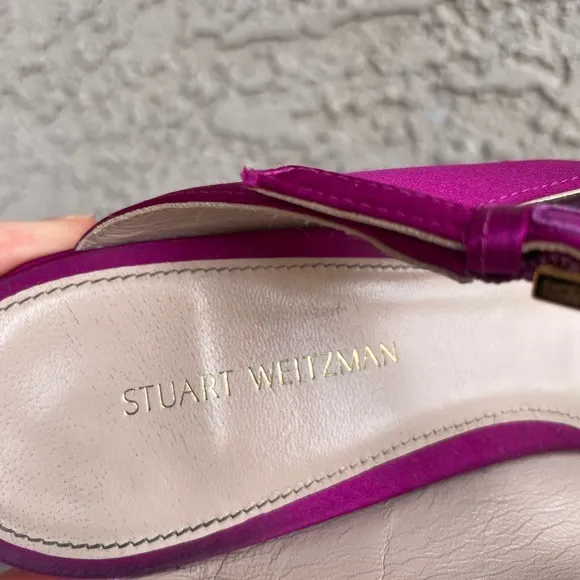 STUART WEITZMAN Fuchsia Satin Embellished T Strap Duckie Mule Flats 7.5