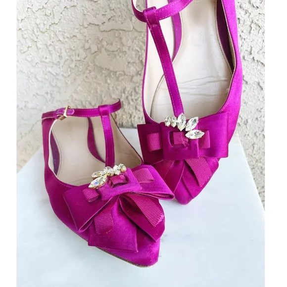STUART WEITZMAN Fuchsia Satin Embellished T Strap Duckie Mule Flats 7.5