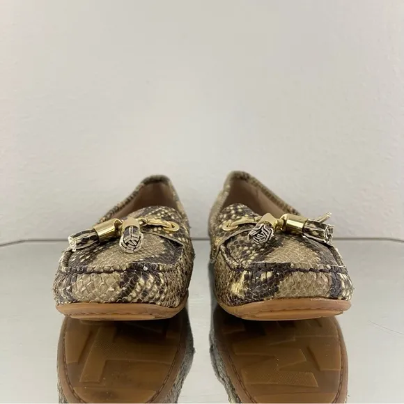 STUART WEITZMAN Gold Brown Leather Snakeskin Print Tassel Casual Slip On Loafers