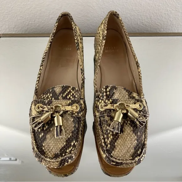 STUART WEITZMAN Gold Brown Leather Snakeskin Print Tassel Casual Slip On Loafers