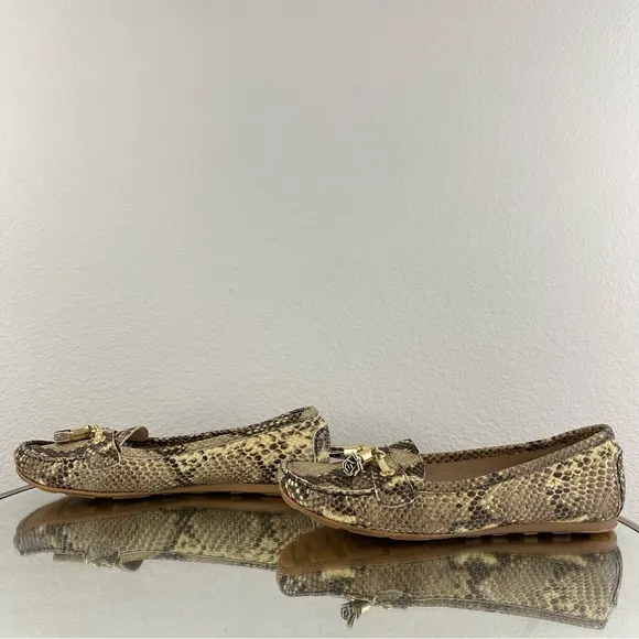 STUART WEITZMAN Gold Brown Leather Snakeskin Print Tassel Casual Slip On Loafers