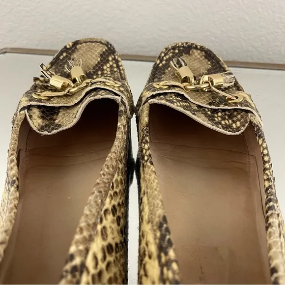 STUART WEITZMAN Gold Brown Leather Snakeskin Print Tassel Casual Slip On Loafers