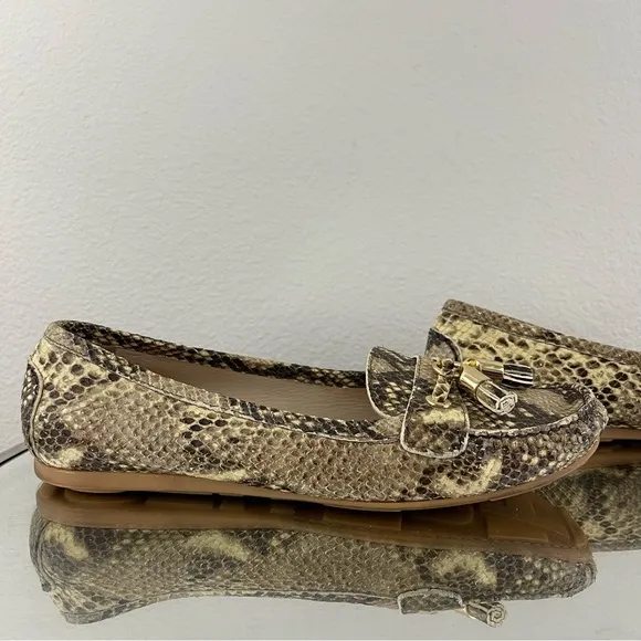 STUART WEITZMAN Gold Brown Leather Snakeskin Print Tassel Casual Slip On Loafers