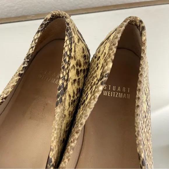 STUART WEITZMAN Gold Brown Leather Snakeskin Print Tassel Casual Slip On Loafers