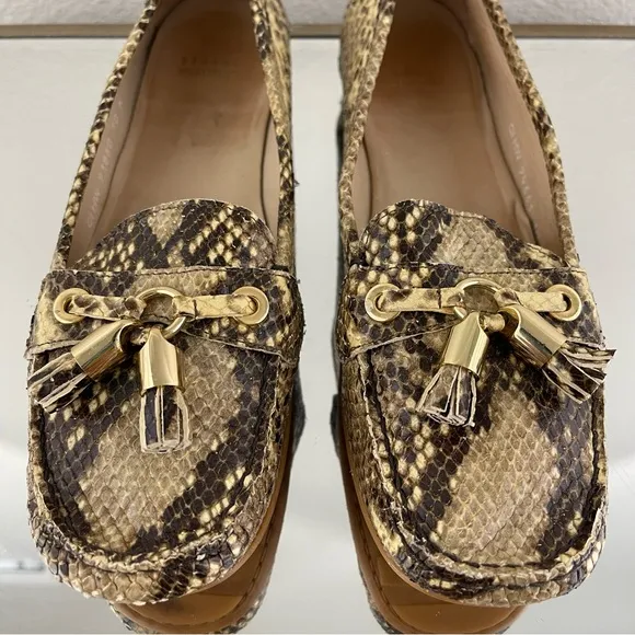 STUART WEITZMAN Gold Brown Leather Snakeskin Print Tassel Casual Slip On Loafers