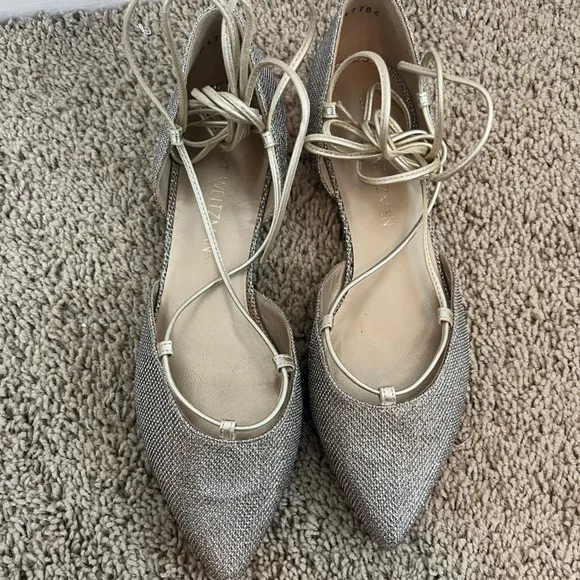 Stuart Weitzman Gold Glitter Ankle Wrap Gilligan Flats