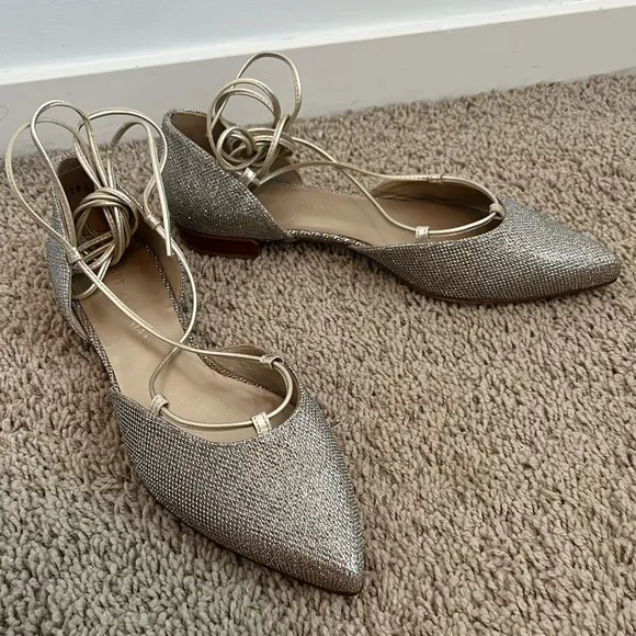 Stuart Weitzman Gold Glitter Ankle Wrap Gilligan Flats