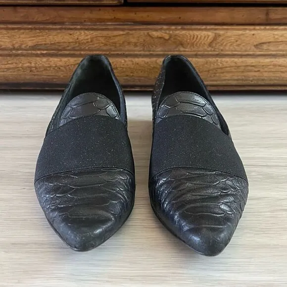 Stuart Weitzman Leather Loafers Pointed Toe Black Crocodile 5
