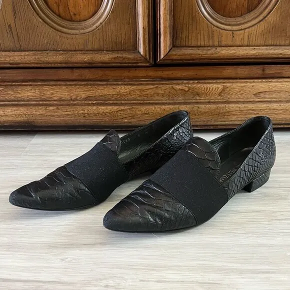 Stuart Weitzman Leather Loafers Pointed Toe Black Crocodile 5