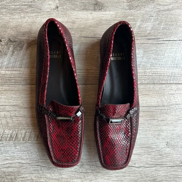 Stuart Weitzman Leather Snake Skin Embossed Gem Loafers 7.5