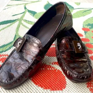 Stuart Weitzman Loafer w/ Buckle - Croc Embossed Patent Leather Brown |Size 10 M