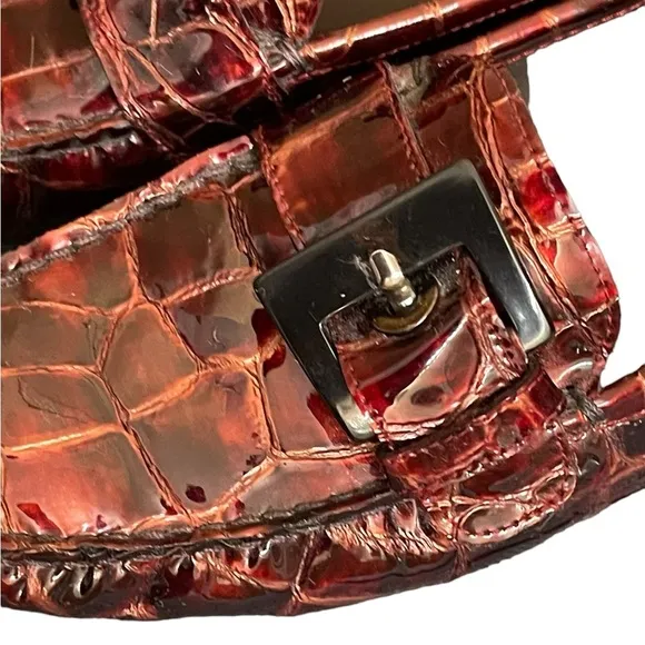 STUART WEITZMAN Maroon LeatherCrocodile Embossed Loafers with Buckle. Size 5.5M