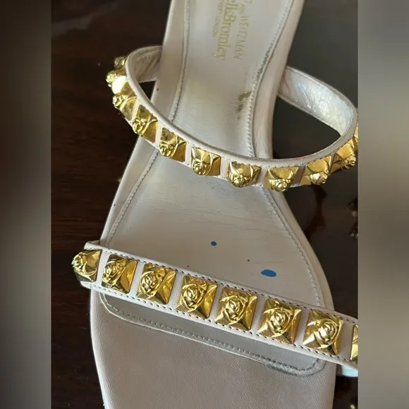 Stuart Weitzman Nude Dual-Strap Rose-studded Leather Slide Sandal SZ 10UK/11US