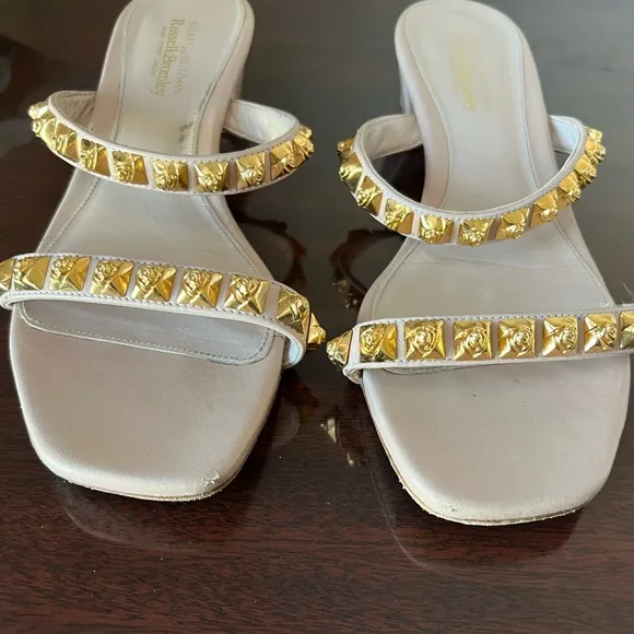 Stuart Weitzman Nude Dual-Strap Rose-studded Leather Slide Sandal SZ 10UK/11US