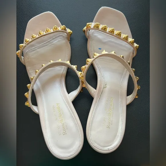 Stuart Weitzman Nude Dual-Strap Rose-studded Leather Slide Sandal SZ 10UK/11US