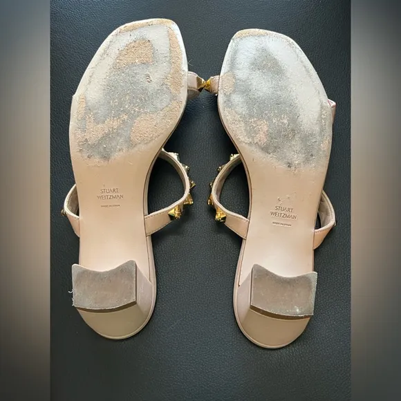 Stuart Weitzman Nude Dual-Strap Rose-studded Leather Slide Sandal SZ 10UK/11US