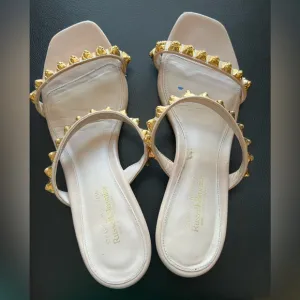 Stuart Weitzman Nude Dual-Strap Rose-studded Leather Slide Sandal SZ 10UK/11US