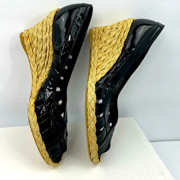 STUART WEITZMAN PATENT, TOE WEDGE, ESPADRILLES, BLACK, SIZE 9M, WOMEN’S SHOES