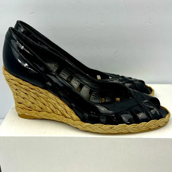STUART WEITZMAN PATENT, TOE WEDGE, ESPADRILLES, BLACK, SIZE 9M, WOMEN’S SHOES