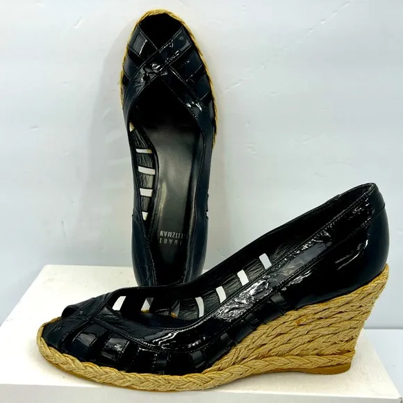 STUART WEITZMAN PATENT, TOE WEDGE, ESPADRILLES, BLACK, SIZE 9M, WOMEN’S SHOES