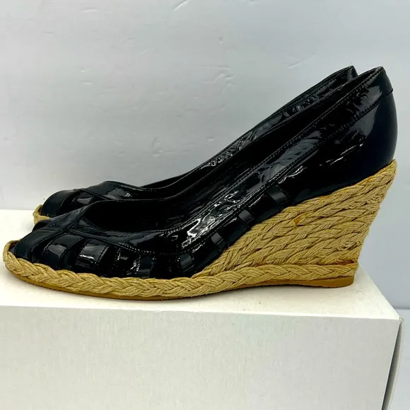 STUART WEITZMAN PATENT, TOE WEDGE, ESPADRILLES, BLACK, SIZE 9M, WOMEN’S SHOES