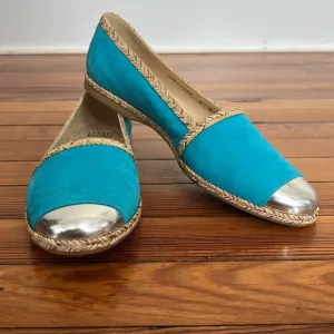 Stuart Weitzman Turquoise Blue and Silver Flat Espadrilles Women's Shoes - Sz 8