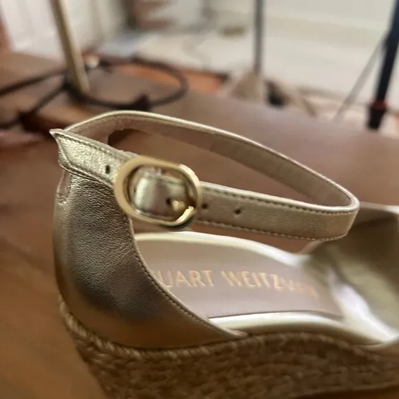 Stuart Weitzman Women's Metallic Leather Espadrille Wedge Sandals