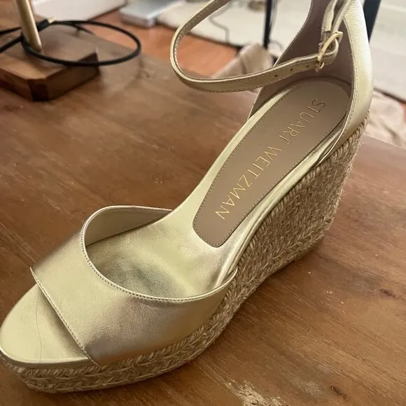 Stuart Weitzman Women's Metallic Leather Espadrille Wedge Sandals