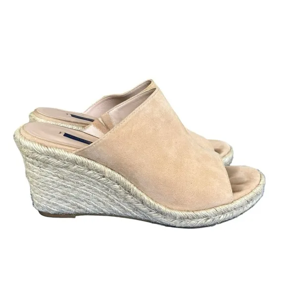 Stuart Weitzman Womens Size 8 Marabella Beige Suede Espadrille Wedge Mules