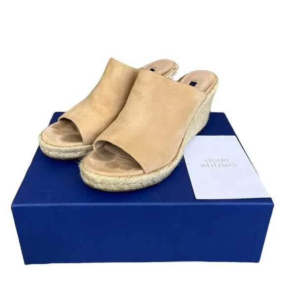 Stuart Weitzman Womens Size 8 Marabella Beige Suede Espadrille Wedge Mules