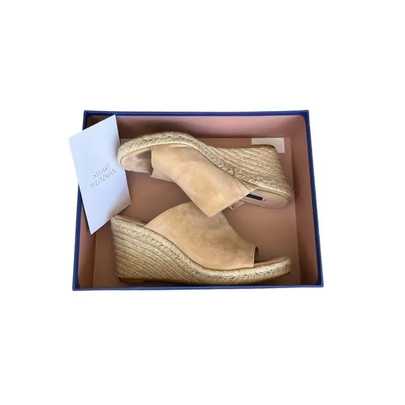 Stuart Weitzman Womens Size 8 Marabella Beige Suede Espadrille Wedge Mules